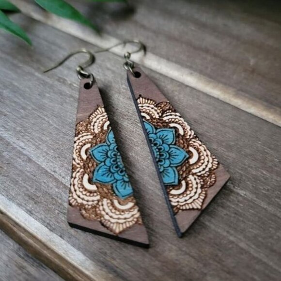 Earrings. Wood. Blue & Ivory Mandalas. Pierced. - Picture 9 of 10